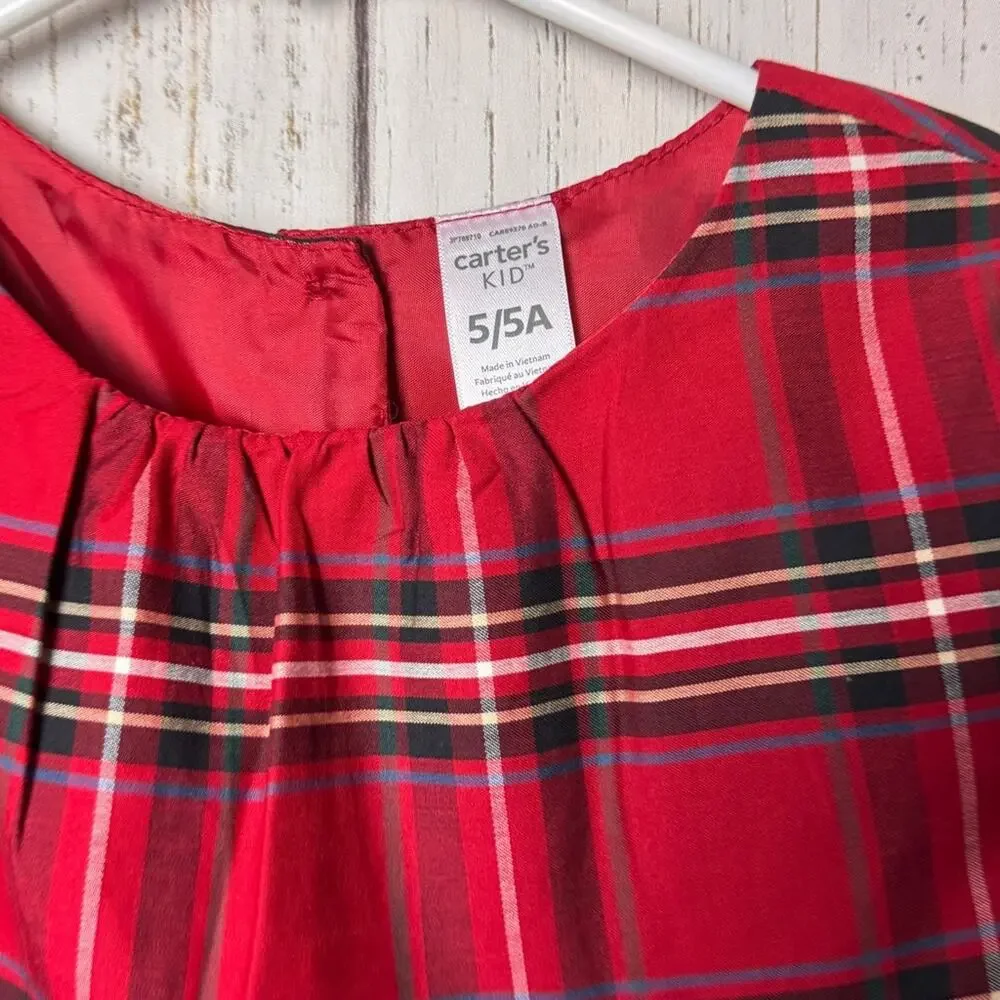 Carter's Girl's Holiday Print Short Sleeve Tie Belt Button Back Dress Sz 5  5 A